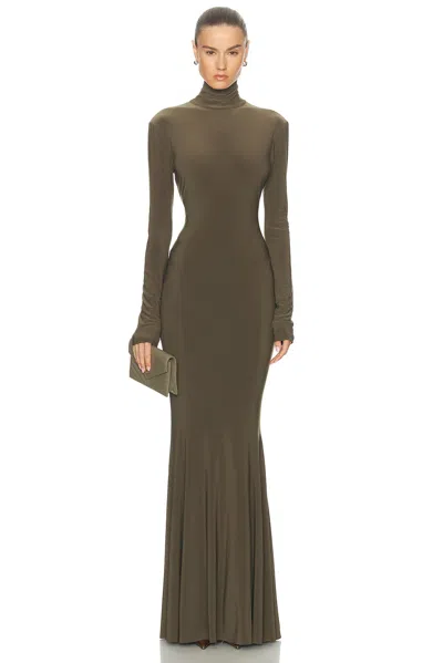 Norma Kamali For Fwrd Long Sleeve Turtleneck Fishtail Gown In Brown