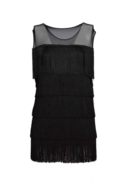 Norma Kamali Fringe-panel Sleeveless Mini Dress With Subtle Transparency In Nero