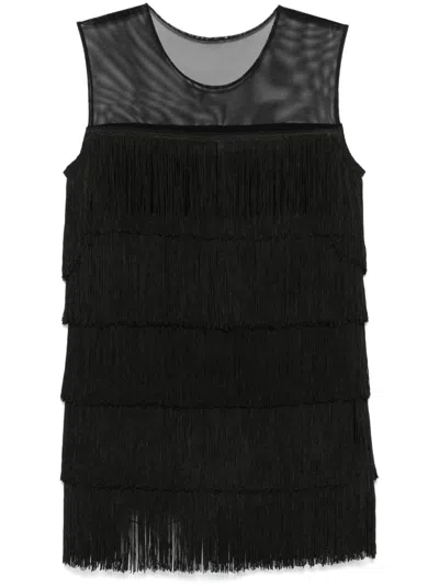 Norma Kamali Fringe-panel Sleeveless Mini Dress With Subtle Transparency In Nero