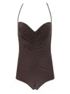 Norma Kamali Strapless Shirred Swimsuit In Brown