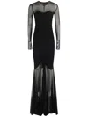 Norma Kamali Longsleeve V Neck Shirred Front Fishtail Gown In Black