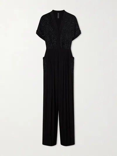 Norma Kamali Geralyn Embroidered Velvet Jumpsuit In Black