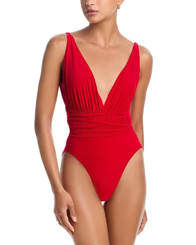 Norma Kamali Goddess V Neck Tie Waist One Piece Swimsuit In Red