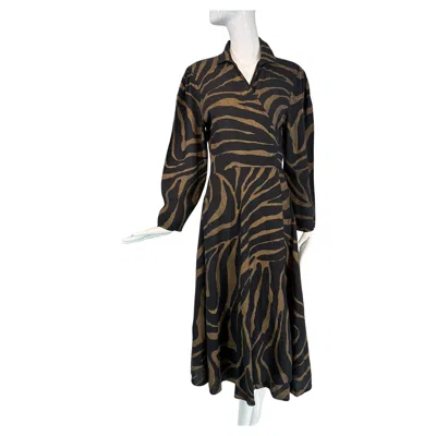 Pre-owned Norma Kamali Gold & Black Zebra Print Cotton Wrap Dress 1985 Medium