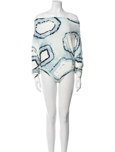 Pre-owned Norma Kamali Graphic Print Off-the-shoulder Bodysuit In Blue