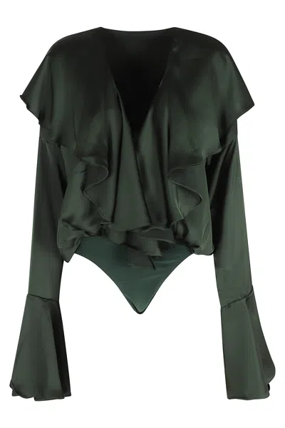 Norma Kamali Green Long Sleeve Deep V Ruffle Flounce Polyester Bodysuit In Black