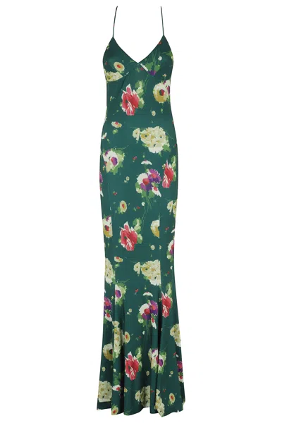 Norma Kamali Green Low Back Slip Fishtail Floral Polyester Maxi Dress In Multi