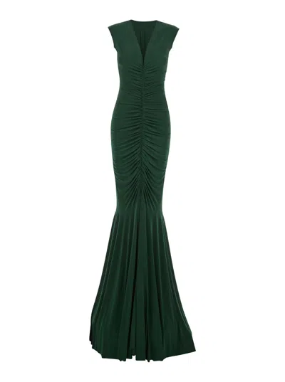 Norma Kamali Green Sleeveless Long Dress With V Neck And Flared Skirt In Tech Fabric Stretch Woman In White