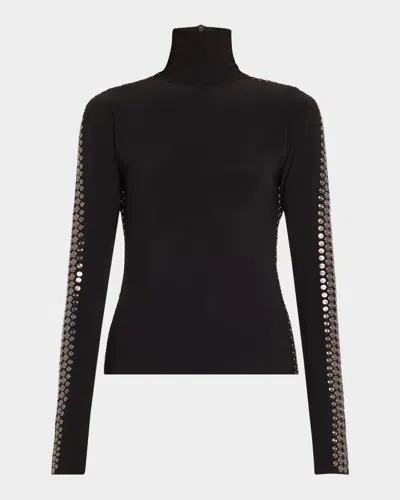 Norma Kamali Gunmetal Stud Slim-fit Turtleneck Top In Black