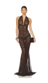 Norma Kamali Halter Shirred Front Fishtail Gown In Brown