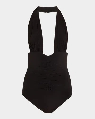 NORMA KAMALI HALTER SHIRRED ONE-PIECE SWIMSUIT