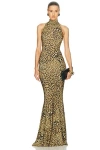 Norma Kamali Halter Turtleneck Printed Fishtail Gown In Brown