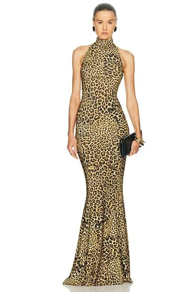 Norma Kamali Halter Turtleneck Printed Fishtail Gown In Multi
