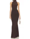 Norma Kamali Halter Turtle Fishtail Gown In Chocolate In Brown