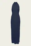 NORMA KAMALI HALTER TURTLE SIDE SLIT GOWN IN TRUE NAVY