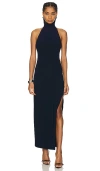 Norma Kamali Halter Turtleneck Side Slit Gown In Navy