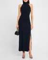Norma Kamali Halter Turtleneck Side Slit Gown In Pewter