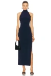 Norma Kamali Halter Turtleneck Side Slit Gown In True Navy
