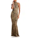 Norma Kamali Halter Turtleneck Printed Fishtail Gown In Multi