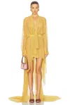 Norma Kamali Hi Low Super Oversized Boyfriend Shirt Flared Gown With Bow In Asparagus
