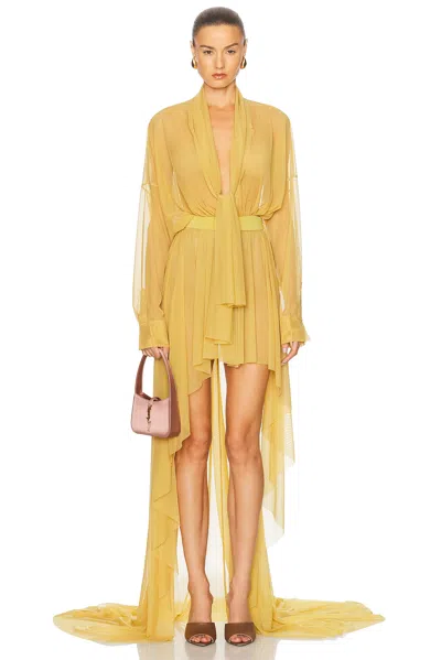 Norma Kamali Hi Low Super Oversized Boyfriend Shirt Flared Gown With Bow In Asparagus