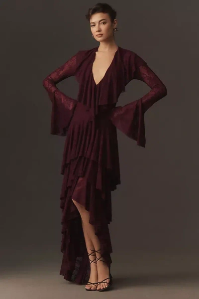 Norma Kamali High-low Stretch Lace Ruffle Gown In Purple