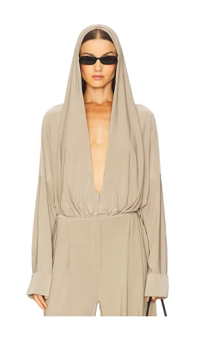 Norma Kamali Hooded Super Oversized Bf Nk Shirt Bodysuit In Brown