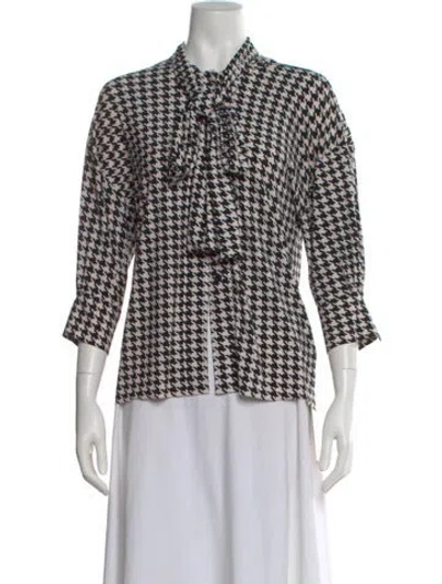 Pre-owned Norma Kamali Houndstooth Print Tie Neck Top In Black