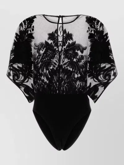 Norma Kamali Lace Bodysuit Cap Sleeves Sheer Floral In Animal Print