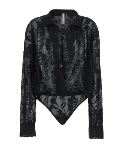 Norma Kamali Lace Detailed Long-sleeve Shirt Bodysuit In Black