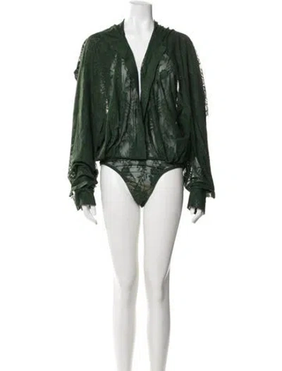 Pre-owned Norma Kamali Lace Pattern Tie Neck Bodysuit In Green
