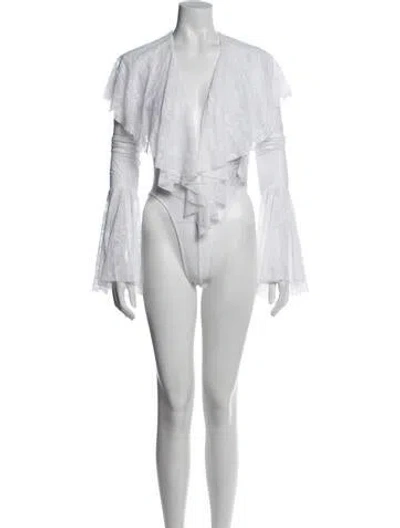 Pre-owned Norma Kamali Lace Pattern V-neck Bodysuit In White