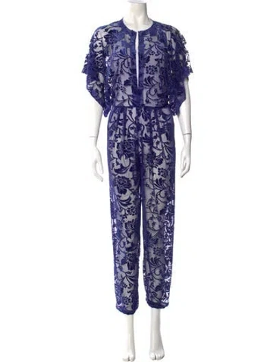 Pre-owned Norma Kamali Lace Pattern V-neck Jumpsuit In Blue