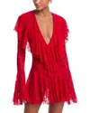 Norma Kamali Long Sleeve Deep V Ruffle Mini Dress Dresses Red In Tiger Red