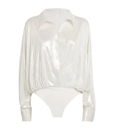 Norma Kamali Lamé Shirt Bodysuit In White