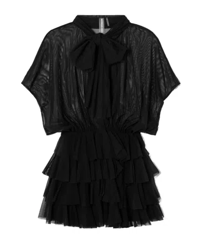 Norma Kamali Lauren Bow-detailed Tiered Ruffled Mini Dress In Black