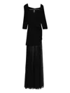 Norma Kamali Layered Black Maxi Dress With Draped Neckline And Sheer Overlay In Black