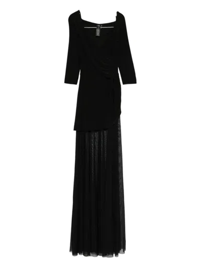 NORMA KAMALI LAYERED BLACK MAXI DRESS WITH DRAPED NECKLINE AND SHEER OVERLAY