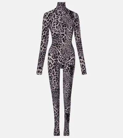 Norma Kamali Leopard-print Jersey Catsuit In Gray
