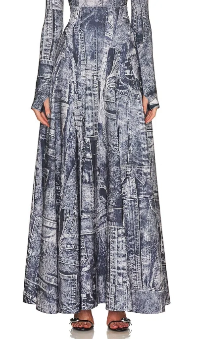 Norma Kamali Long Grace Skirt In Black & Navy Denim Print