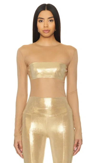 Norma Kamali Long Sleeve Crewneck Dash Applique Top In Gold & Sable