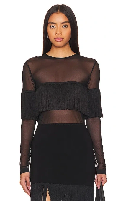 Norma Kamali Long Sleeve Crew Neck Fringe Top Black/black In Black Black