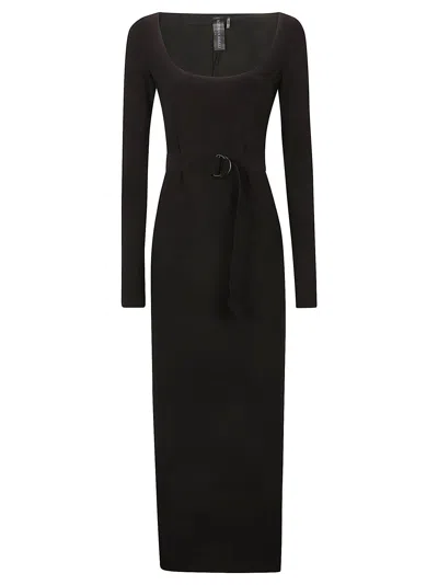 NORMA KAMALI LONG SLEEVE DEEP SCOOP NECK SIDE SLIT DRESS