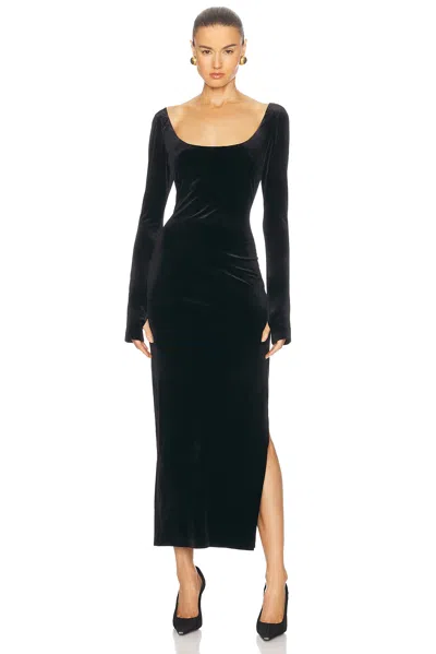 Norma Kamali Long Sleeve Deep Scoop Neck Side Slit Gown In Black
