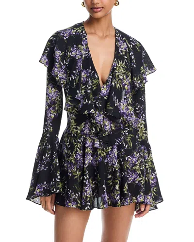 Norma Kamali Long Sleeve Deep V Neck Ruffle Mini Dress In Black