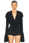 Norma Kamali Long Sleeve Deep V Ruffle Bodysuit