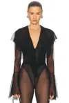 Norma Kamali Long Sleeve Deep V Ruffle Bodysuit