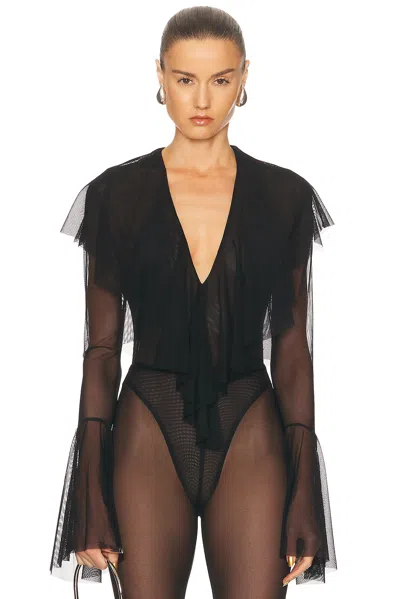 Norma Kamali Long Sleeve Deep V Ruffle Bodysuit