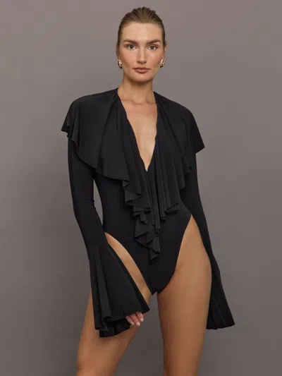 Norma Kamali Long Sleeve Deep V Ruffle Bodysuit In Black
