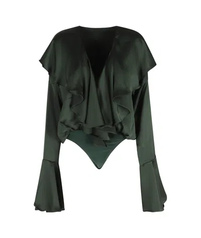 Norma Kamali Long Sleeve Deep V Ruffle Bodysuit In Green